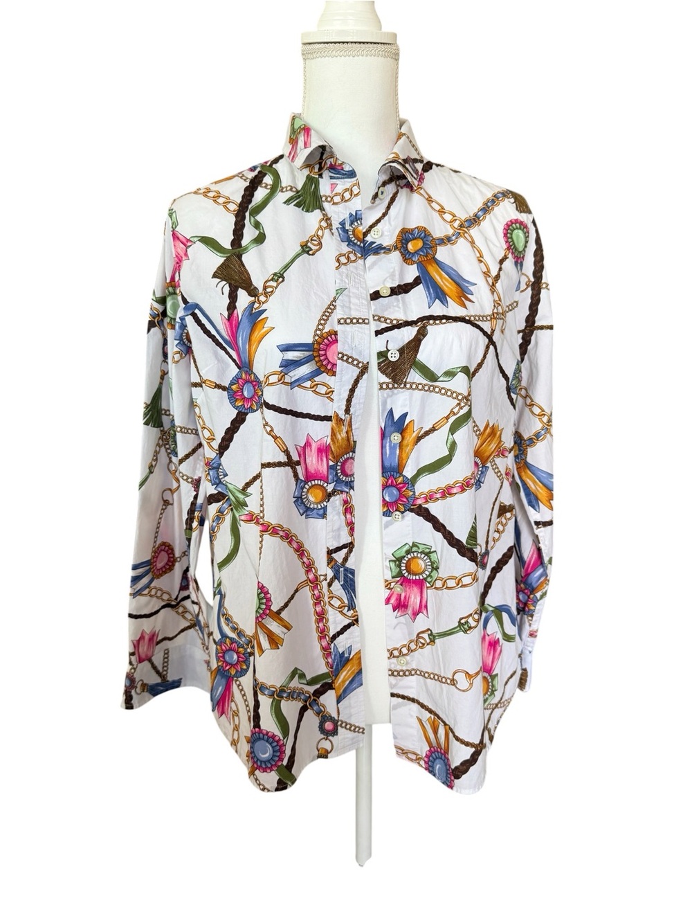 Talbots White Sheer Chain & Floral Print Blouse